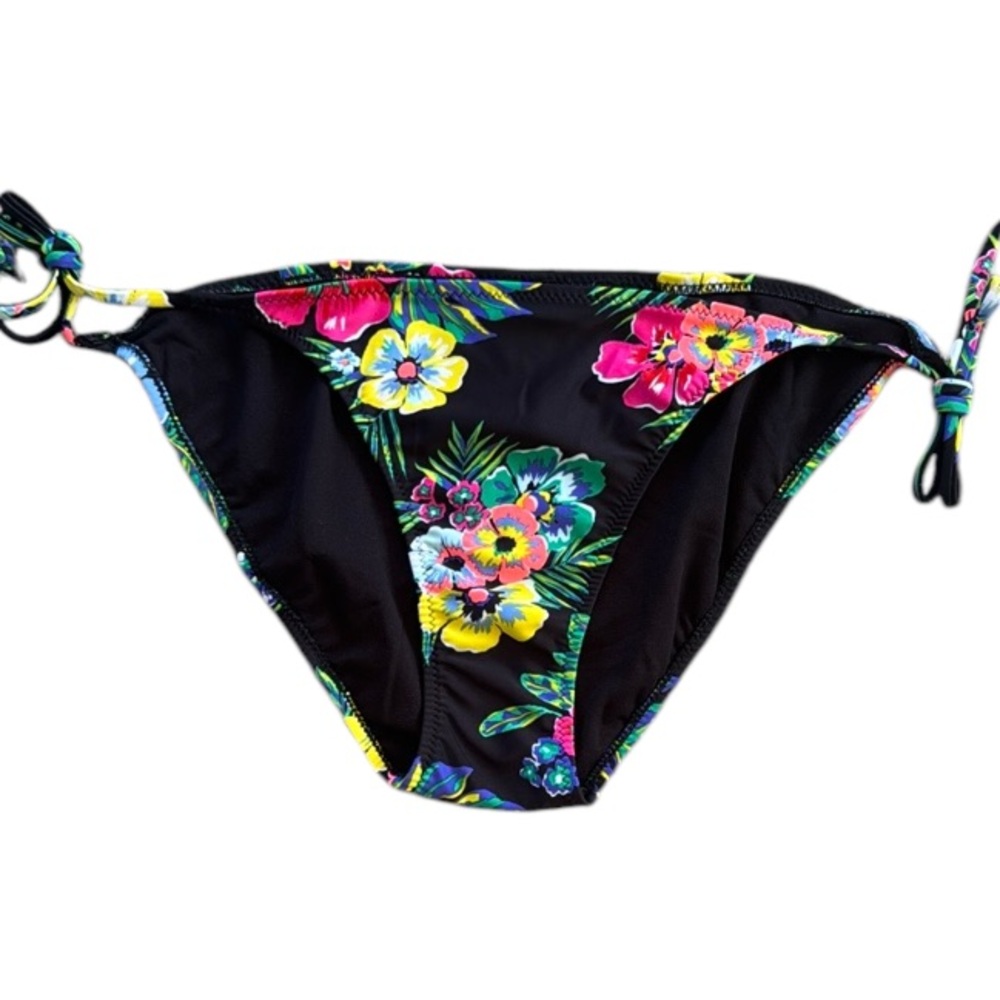 Old Navy black colorful neon floral print tie side bikini bottoms size large